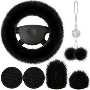 6 Pieces Fluffy Car Accessories Set Fluffy Steering Wheel Cover Soft Fuzzy